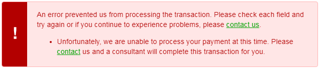 A red error box displaying an payment processing error message.