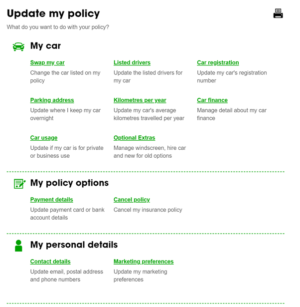 A screenshot showing all available options to update a policy.