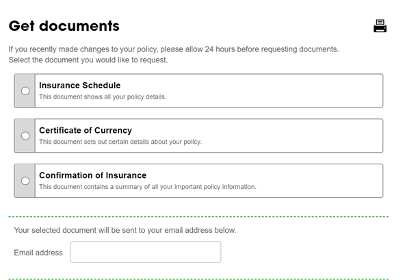A screenshot showing all documents that can be selected to be sent via email.