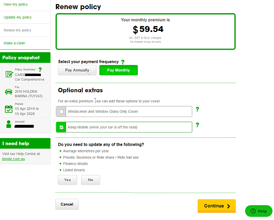 A screenshot showing a big clickable Renew My Policy option as well as other clickle options.